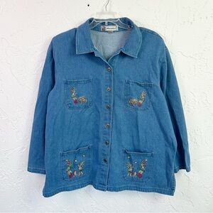 Vintage 80s/90s Southwestern Embroidered Denim Shacket Button Up Shirt Size 2X